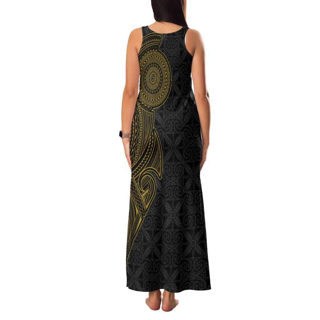 Niue Polynesian Hiapo Tattoo Art Family Matching Tank Maxi Dress and Hawaiian Shirt Half Style Black Gold Color LT03 - Polynesian Pride