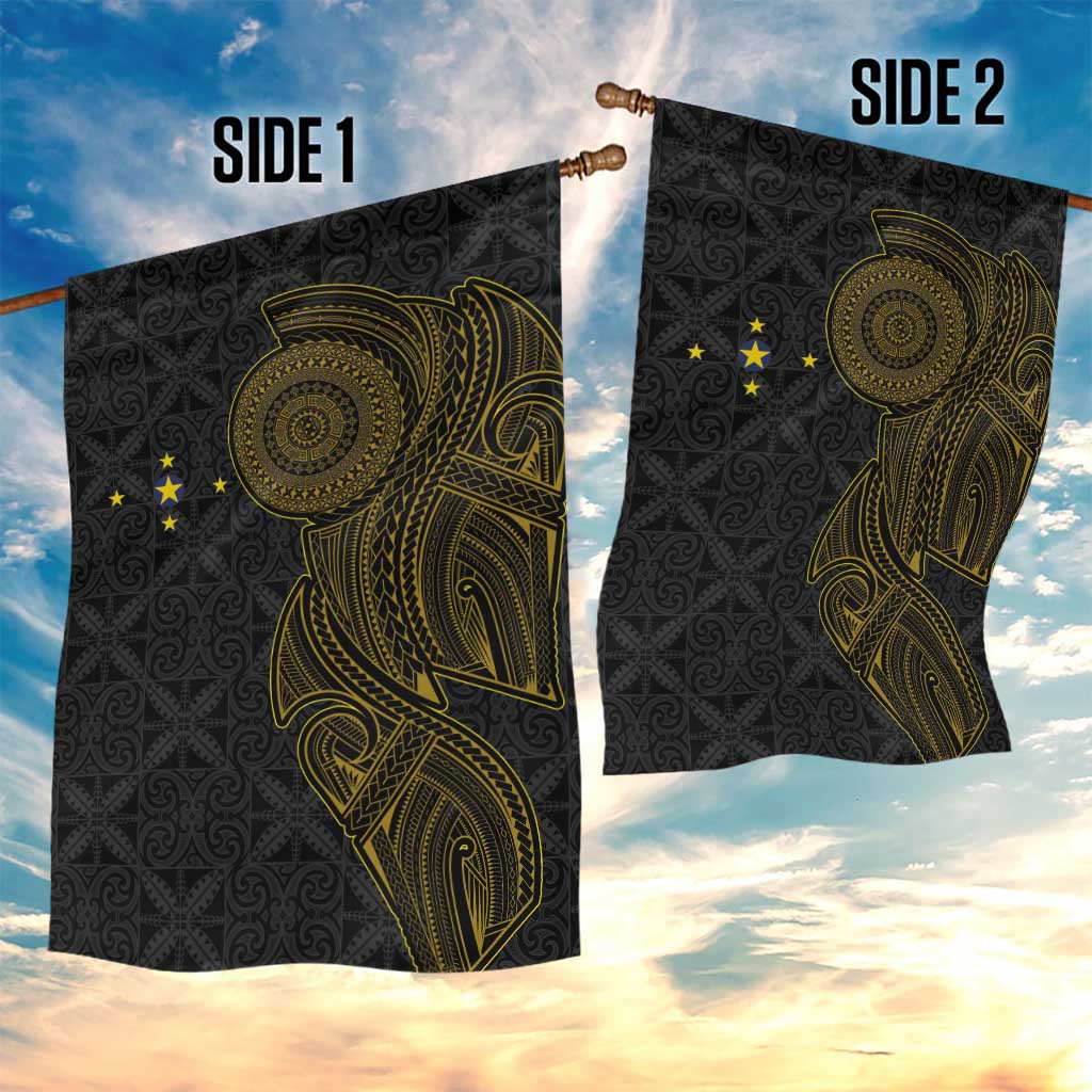 Niue Polynesian Hiapo Tattoo Art Garden Flag Half Style Black Gold Color - Polynesian Pride