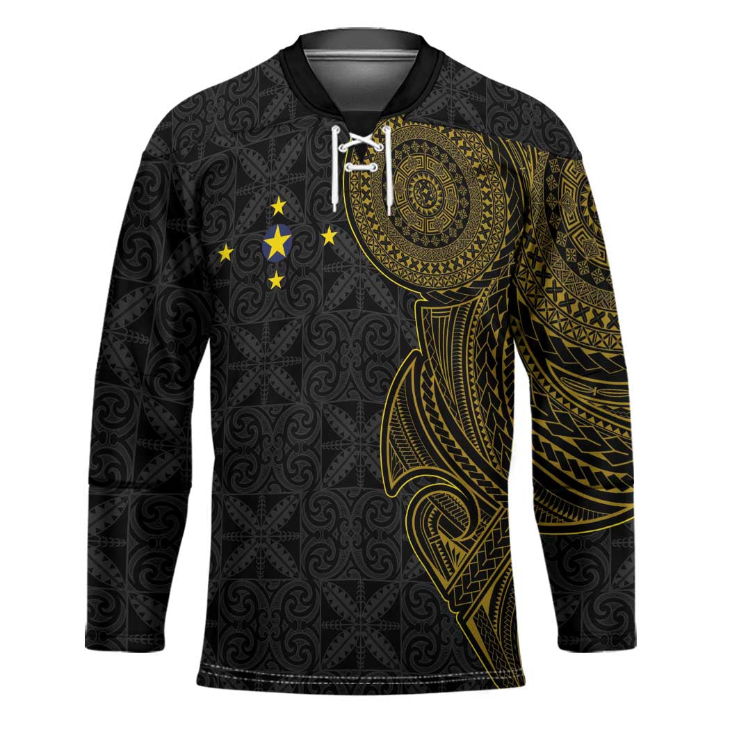Niue Polynesian Hiapo Tattoo Art Hockey Jersey Half Style Black Gold Color - Polynesian Pride