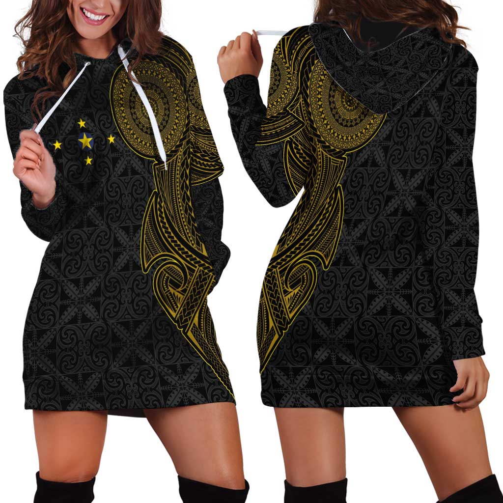 Niue Polynesian Hiapo Tattoo Art Hoodie Dress Half Style Black Gold Color LT03 - Polynesian Pride