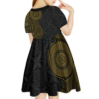 Niue Polynesian Hiapo Tattoo Art Kid Short Sleeve Dress Half Style Black Gold Color LT03 - Polynesian Pride