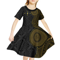 Niue Polynesian Hiapo Tattoo Art Kid Short Sleeve Dress Half Style Black Gold Color LT03 - Polynesian Pride