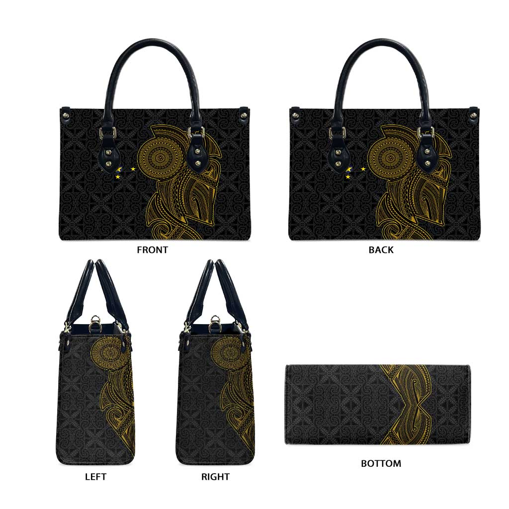 Niue Polynesian Hiapo Tattoo Art Leather Bag Half Style Black Gold Color - Polynesian Pride