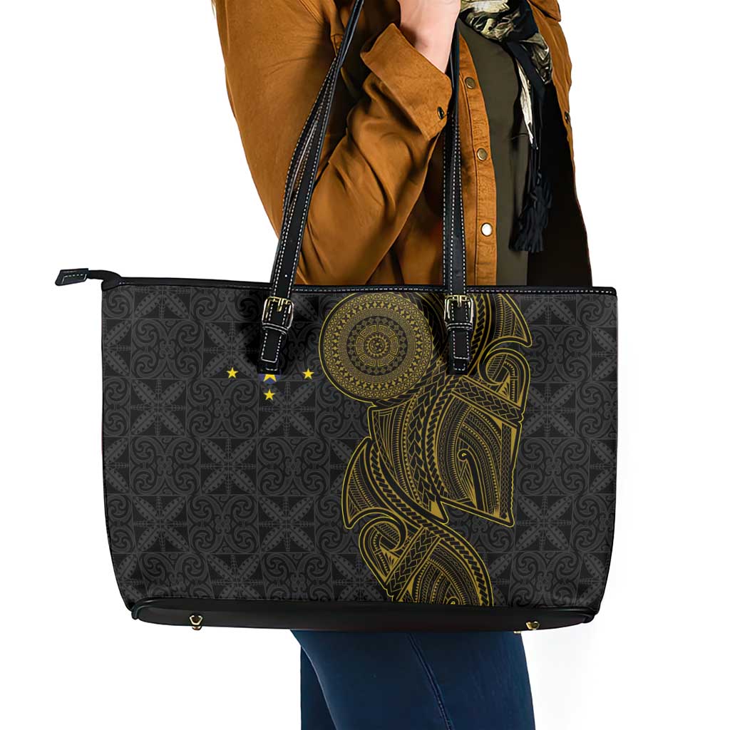 Niue Polynesian Hiapo Tattoo Art Leather Tote Bag Half Style Black Gold Color - Polynesian Pride