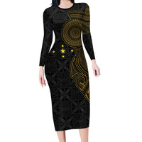 Niue Polynesian Hiapo Tattoo Art Long Sleeve Bodycon Dress Half Style Black Gold Color LT03 Long Dress Black - Polynesian Pride