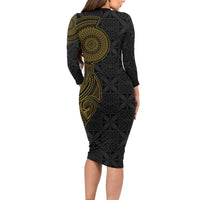 Niue Polynesian Hiapo Tattoo Art Long Sleeve Bodycon Dress Half Style Black Gold Color LT03 - Polynesian Pride