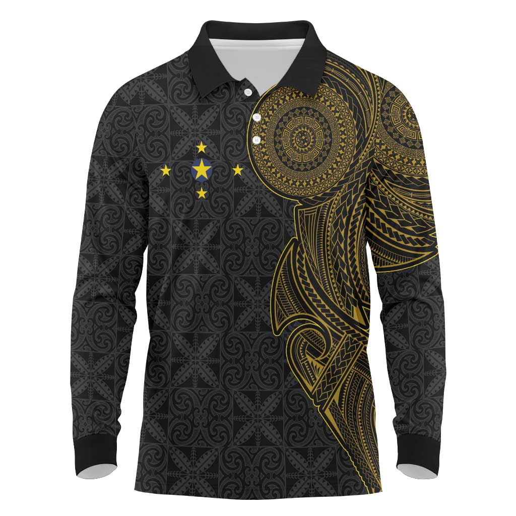 Niue Polynesian Hiapo Tattoo Art Long Sleeve Polo Shirt Half Style Black Gold Color LT03 Black - Polynesian Pride