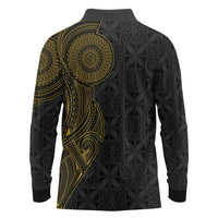 Niue Polynesian Hiapo Tattoo Art Long Sleeve Polo Shirt Half Style Black Gold Color LT03 - Polynesian Pride