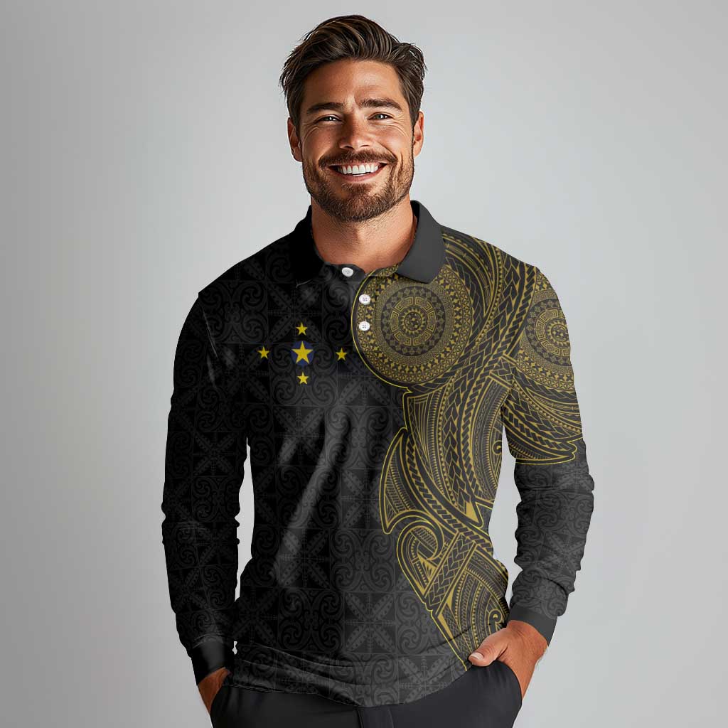 Niue Polynesian Hiapo Tattoo Art Long Sleeve Polo Shirt Half Style Black Gold Color LT03 - Polynesian Pride