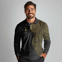 Niue Polynesian Hiapo Tattoo Art Long Sleeve Polo Shirt Half Style Black Gold Color LT03 - Polynesian Pride