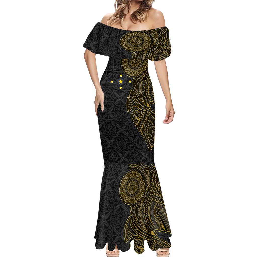 Niue Polynesian Hiapo Tattoo Art Mermaid Dress Half Style Black Gold Color LT03 - Polynesian Pride