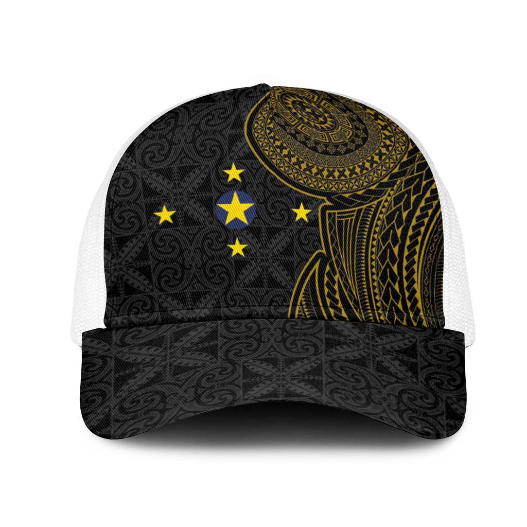 Niue Polynesian Hiapo Tattoo Art Mesh Trucker Cap Half Style Black Gold Color - Polynesian Pride