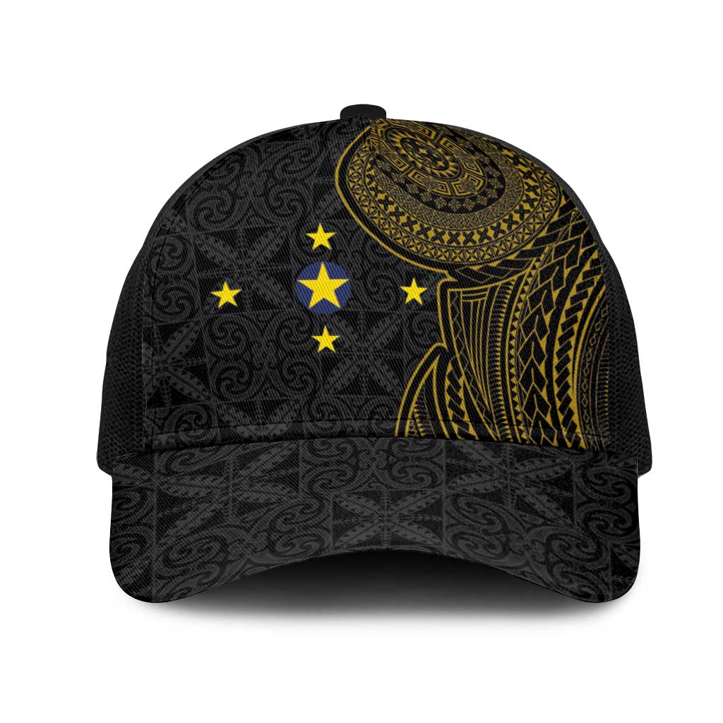 Niue Polynesian Hiapo Tattoo Art Mesh Trucker Cap Half Style Black Gold Color - Polynesian Pride