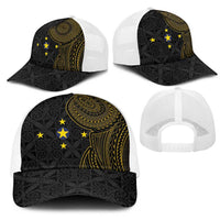 Niue Polynesian Hiapo Tattoo Art Mesh Trucker Cap Half Style Black Gold Color - Polynesian Pride