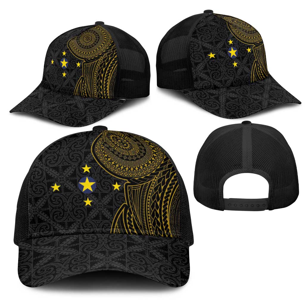 Niue Polynesian Hiapo Tattoo Art Mesh Trucker Cap Half Style Black Gold Color - Polynesian Pride