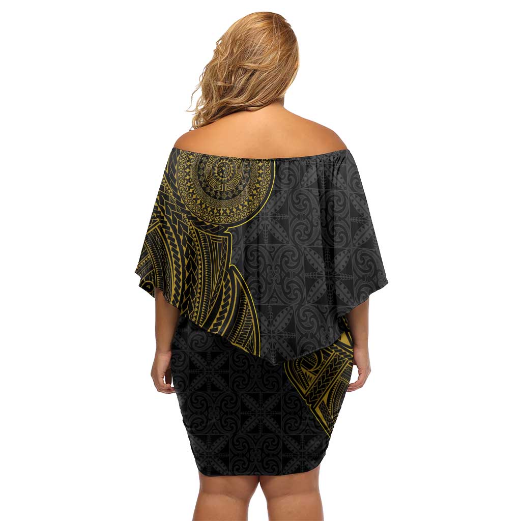 Niue Polynesian Hiapo Tattoo Art Off Shoulder Short Dress Half Style Black Gold Color - Polynesian Pride