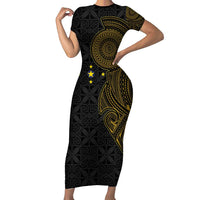 Niue Polynesian Hiapo Tattoo Art Short Sleeve Bodycon Dress Half Style Black Gold Color LT03 Long Dress Black - Polynesian Pride