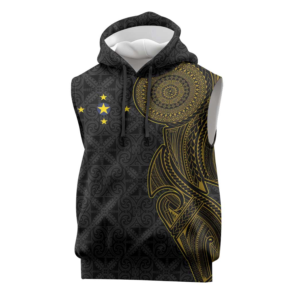 Niue Polynesian Hiapo Tattoo Art Sleeveless Hoodie Half Style Black Gold Color LT03 Black - Polynesian Pride