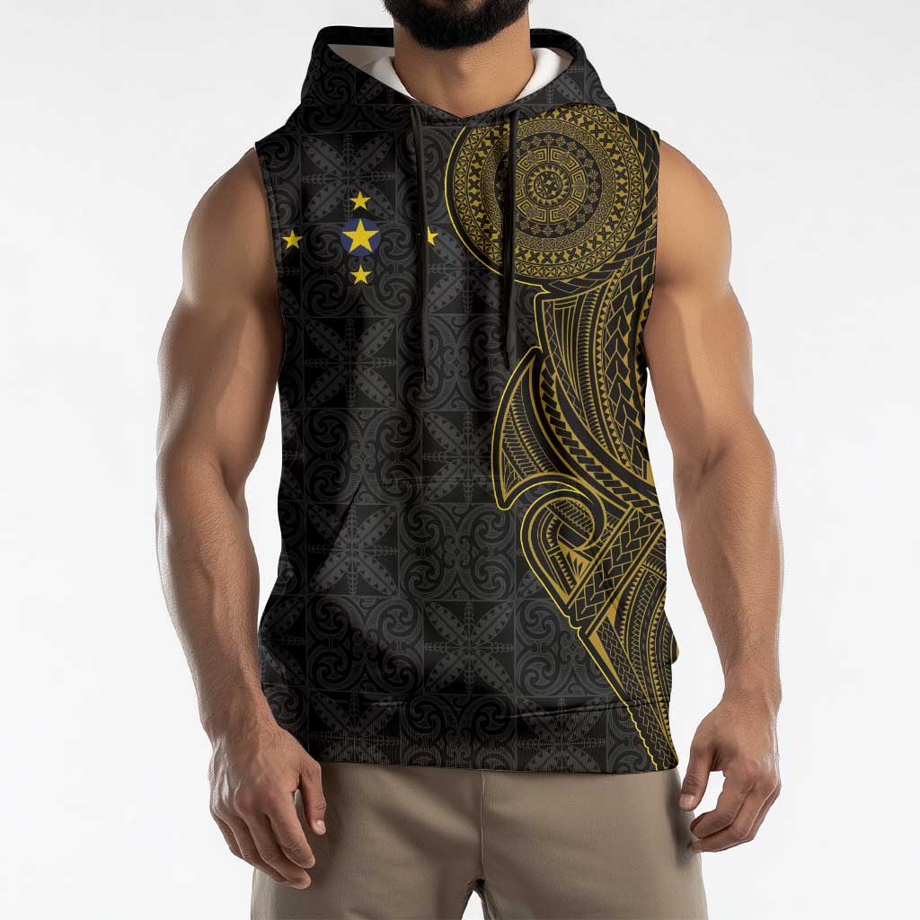 Niue Polynesian Hiapo Tattoo Art Sleeveless Hoodie Half Style Black Gold Color LT03 - Polynesian Pride