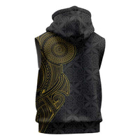 Niue Polynesian Hiapo Tattoo Art Sleeveless Zip Hoodie Half Style Black Gold Color LT03 - Polynesian Pride