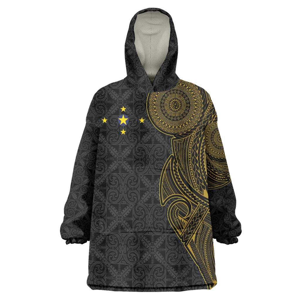 Niue Polynesian Hiapo Tattoo Art Wearable Blanket Hoodie Half Style Black Gold Color LT03 One Size Black - Polynesian Pride