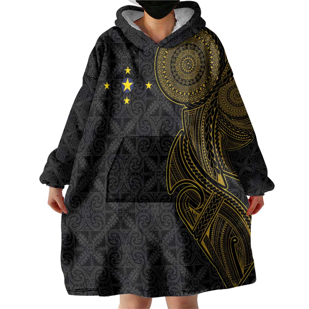 Niue Polynesian Hiapo Tattoo Art Wearable Blanket Hoodie Half Style Black Gold Color LT03 - Polynesian Pride