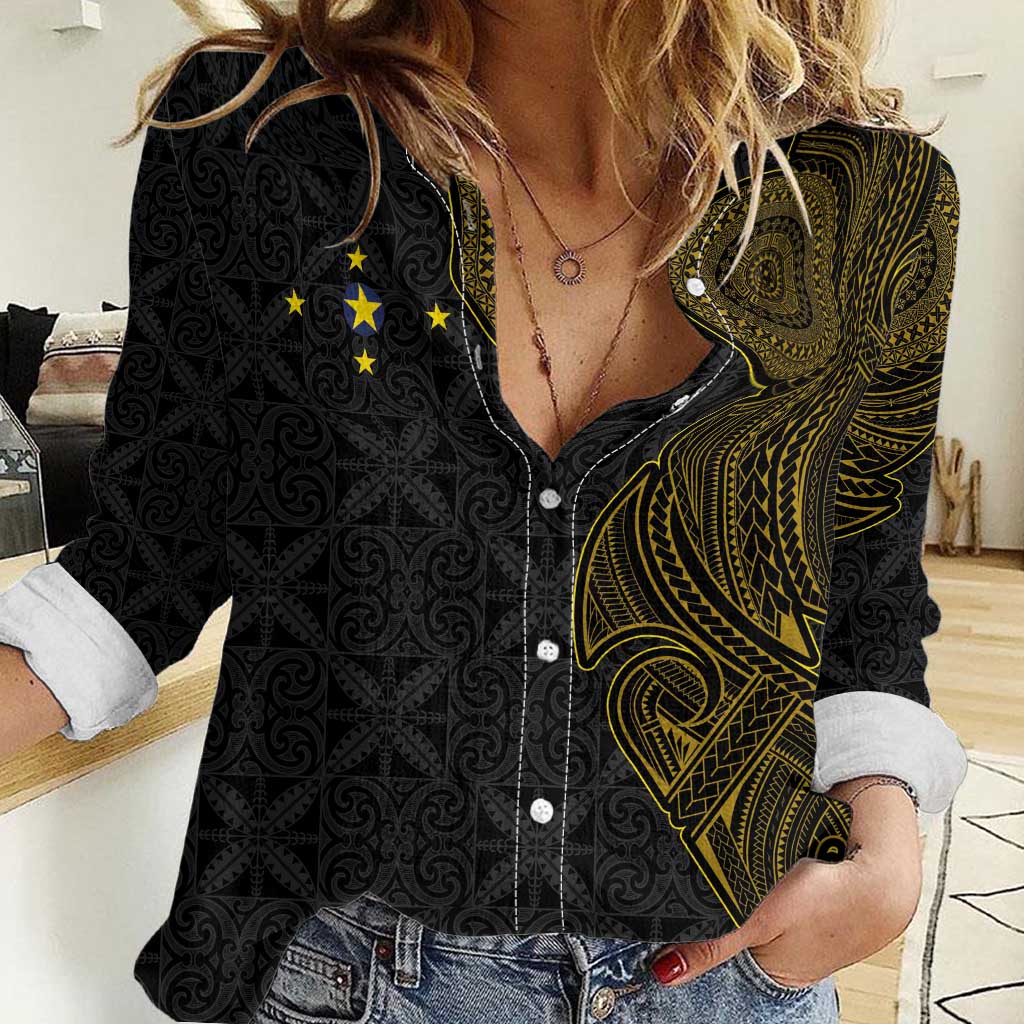 Niue Polynesian Hiapo Tattoo Art Women Casual Shirt Half Style Black Gold Color LT03 Female Black - Polynesian Pride
