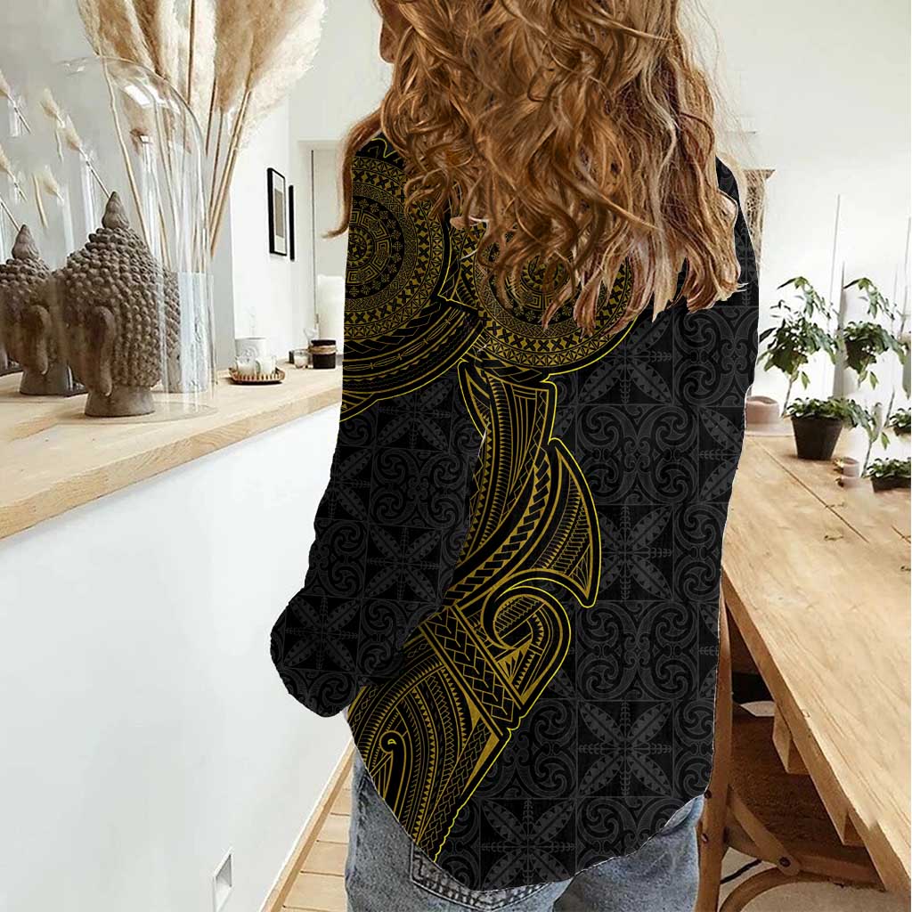 Niue Polynesian Hiapo Tattoo Art Women Casual Shirt Half Style Black Gold Color LT03 - Polynesian Pride