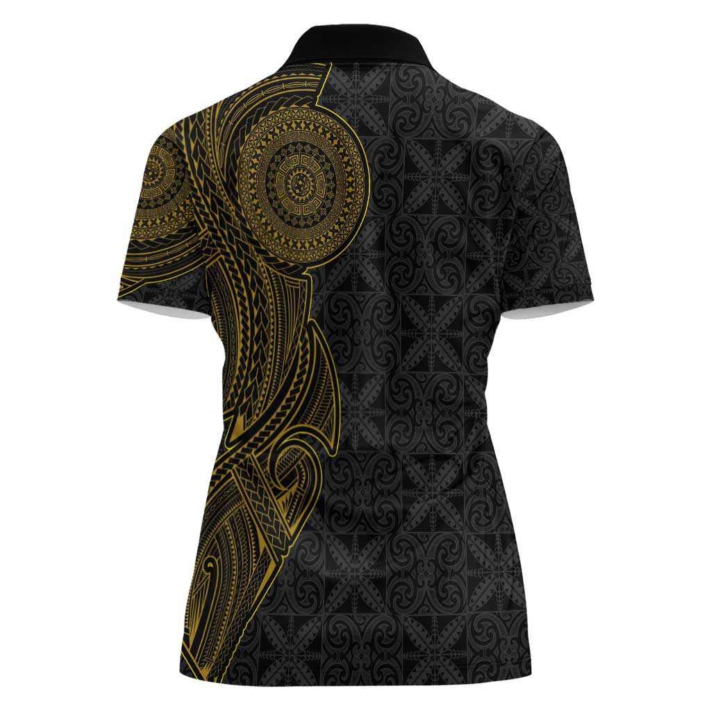 Niue Polynesian Hiapo Tattoo Art Women Polo Shirt Half Style Black Gold Color - Polynesian Pride