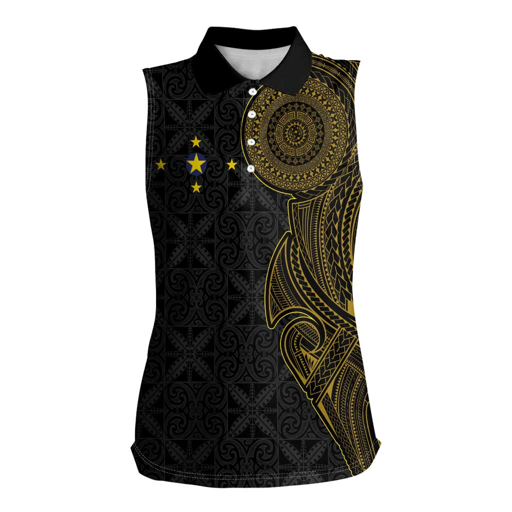 Niue Polynesian Hiapo Tattoo Art Women Sleeveless Polo Shirt Half Style Black Gold Color LT03 Female Black - Polynesian Pride