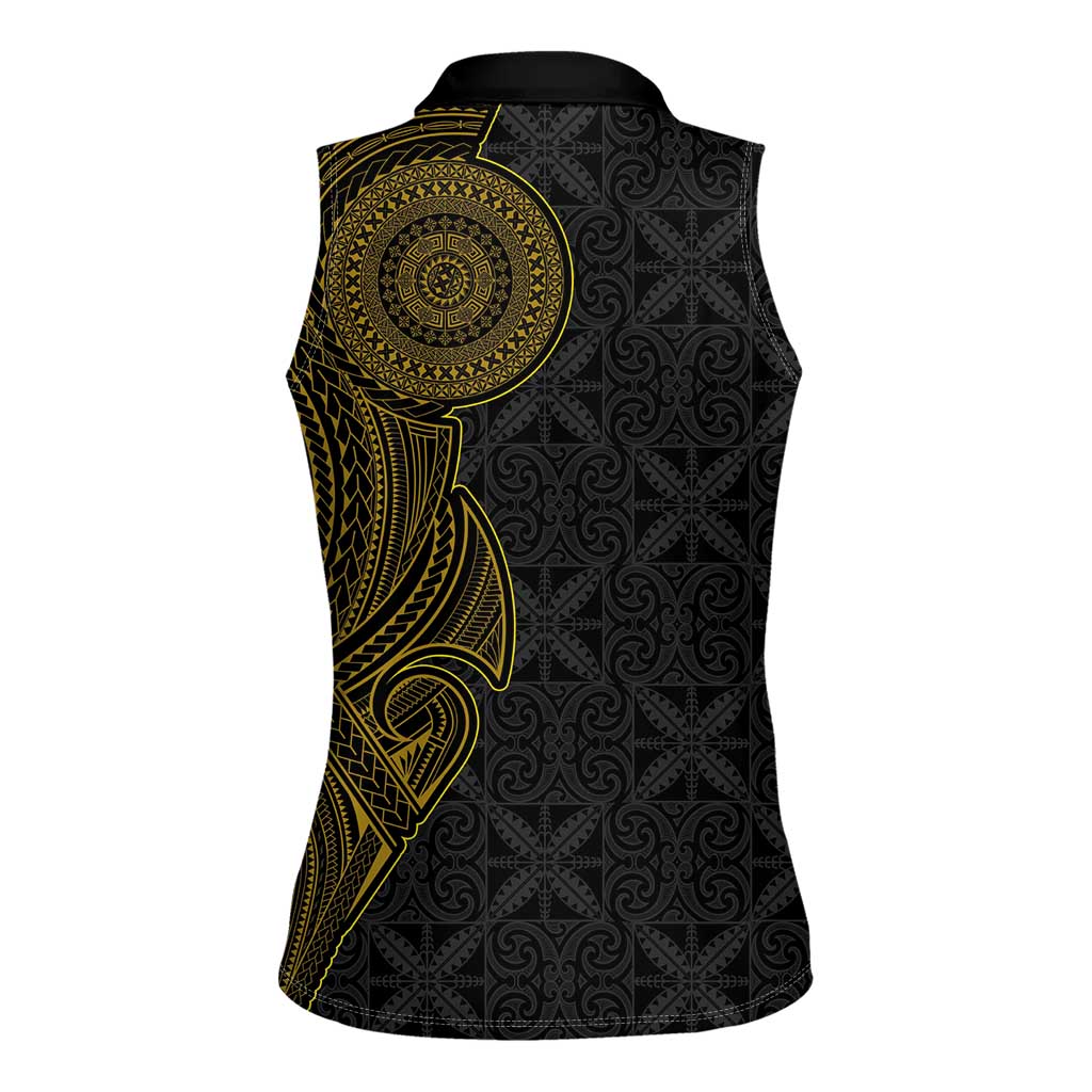 Niue Polynesian Hiapo Tattoo Art Women Sleeveless Polo Shirt Half Style Black Gold Color LT03 - Polynesian Pride