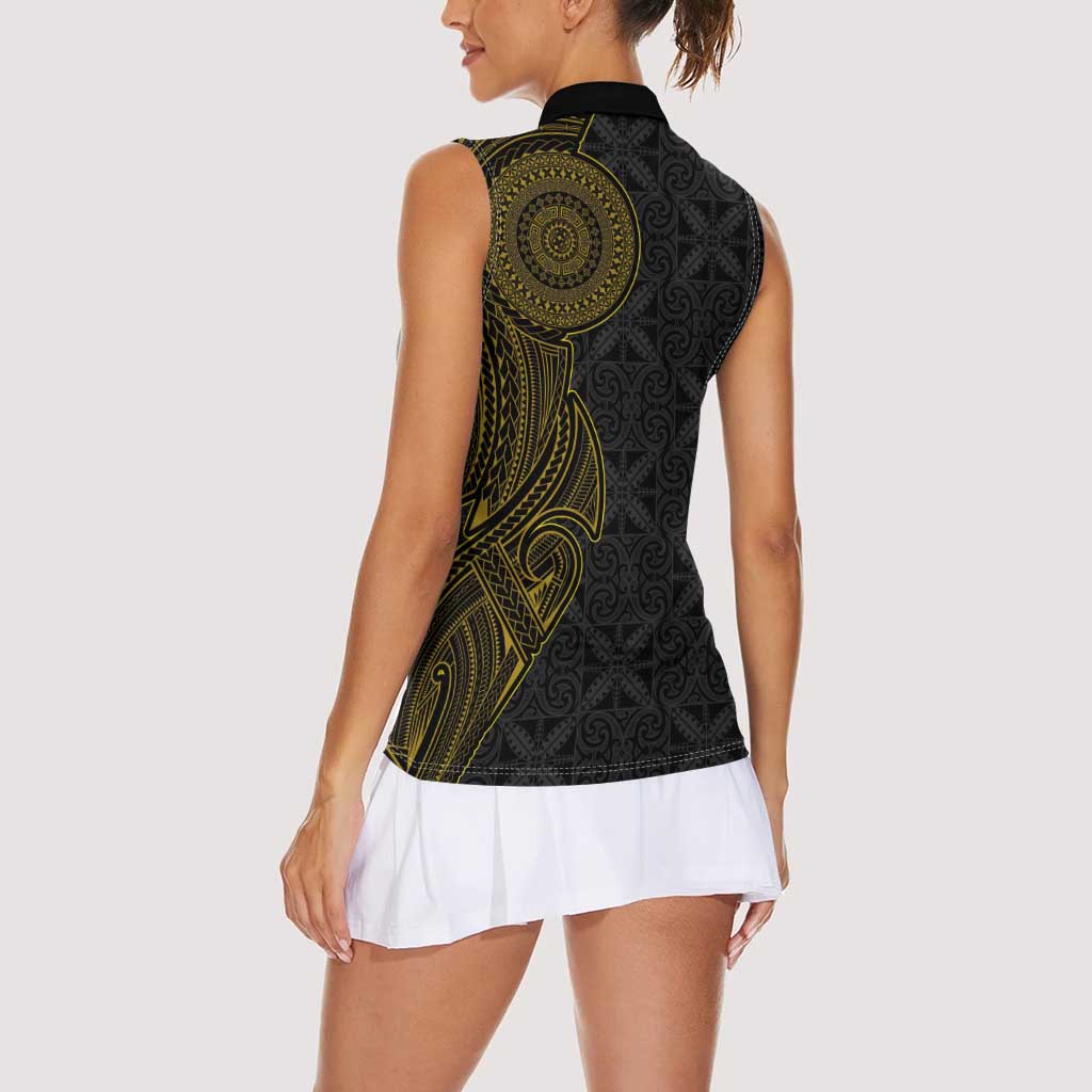 Niue Polynesian Hiapo Tattoo Art Women Sleeveless Polo Shirt Half Style Black Gold Color LT03 - Polynesian Pride