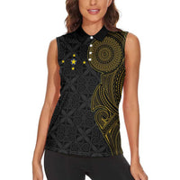 Niue Polynesian Hiapo Tattoo Art Women Sleeveless Polo Shirt Half Style Black Gold Color LT03 - Polynesian Pride