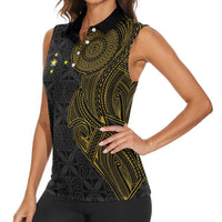 Niue Polynesian Hiapo Tattoo Art Women Sleeveless Polo Shirt Half Style Black Gold Color LT03 - Polynesian Pride