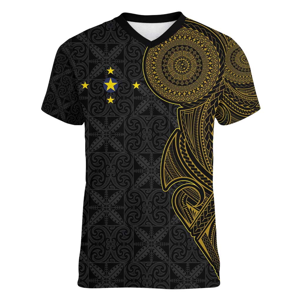 Niue Polynesian Hiapo Tattoo Art Women V-Neck T-Shirt Half Style Black Gold Color LT03 Female Black - Polynesian Pride