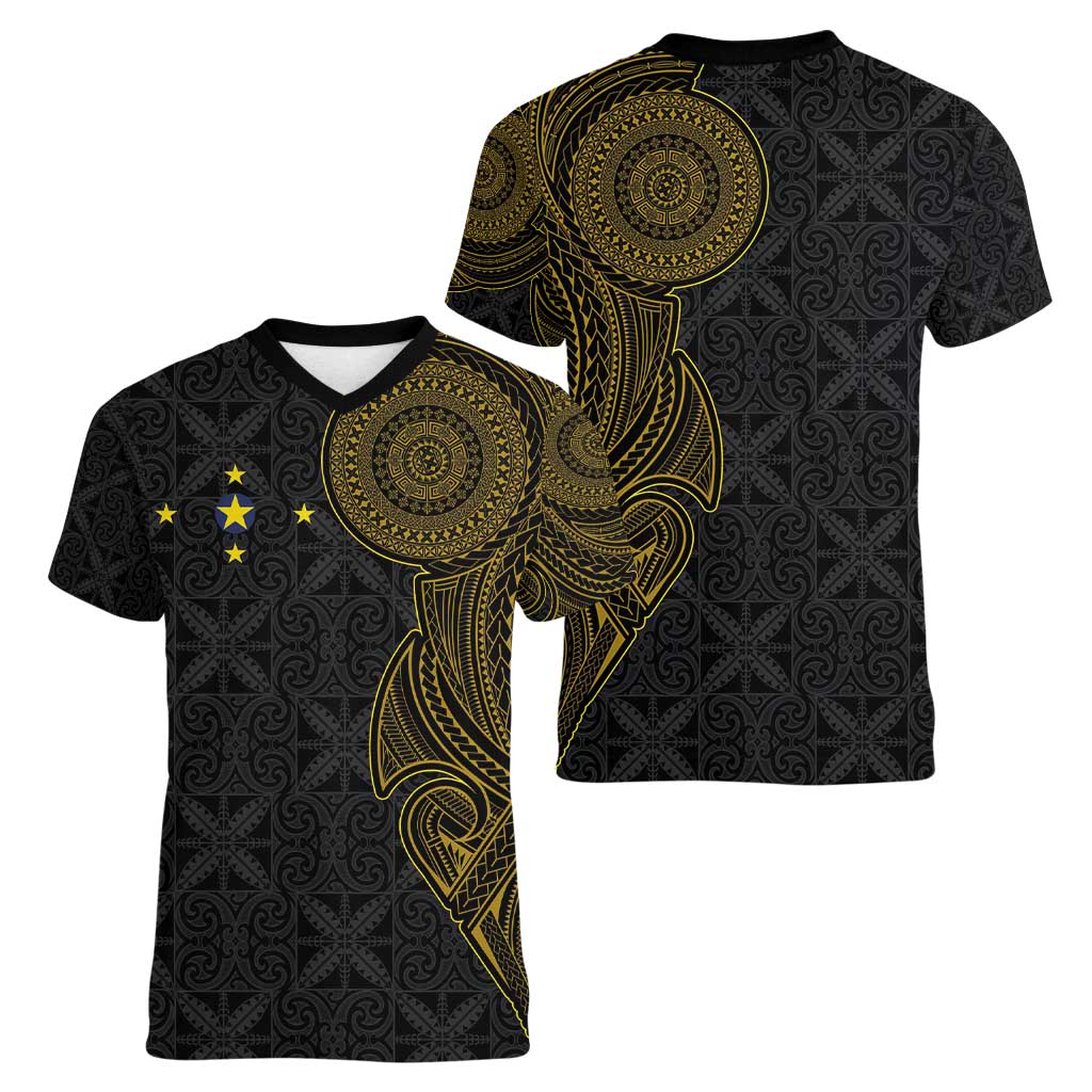 Niue Polynesian Hiapo Tattoo Art Women V-Neck T-Shirt Half Style Black Gold Color LT03 - Polynesian Pride