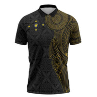 Niue Polynesian Hiapo Tattoo Art Zipper Polo Shirt Half Style Black Gold Color LT03 Black - Polynesian Pride