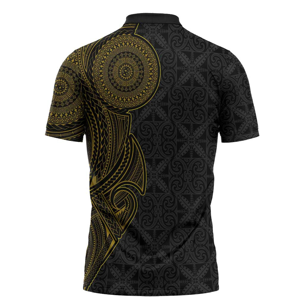 Niue Polynesian Hiapo Tattoo Art Zipper Polo Shirt Half Style Black Gold Color LT03 - Polynesian Pride