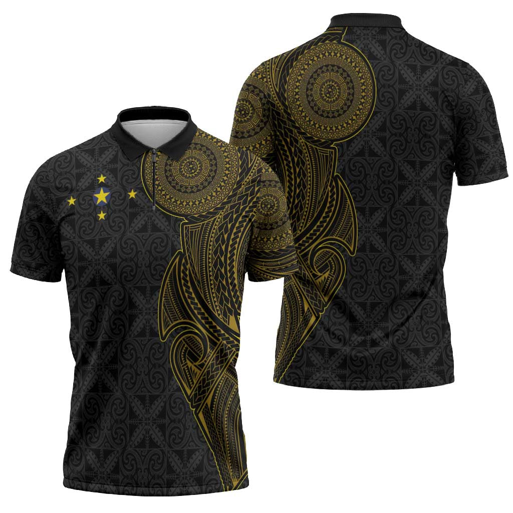 Niue Polynesian Hiapo Tattoo Art Zipper Polo Shirt Half Style Black Gold Color LT03 - Polynesian Pride