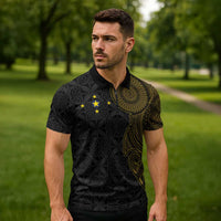 Niue Polynesian Hiapo Tattoo Art Zipper Polo Shirt Half Style Black Gold Color LT03 - Polynesian Pride