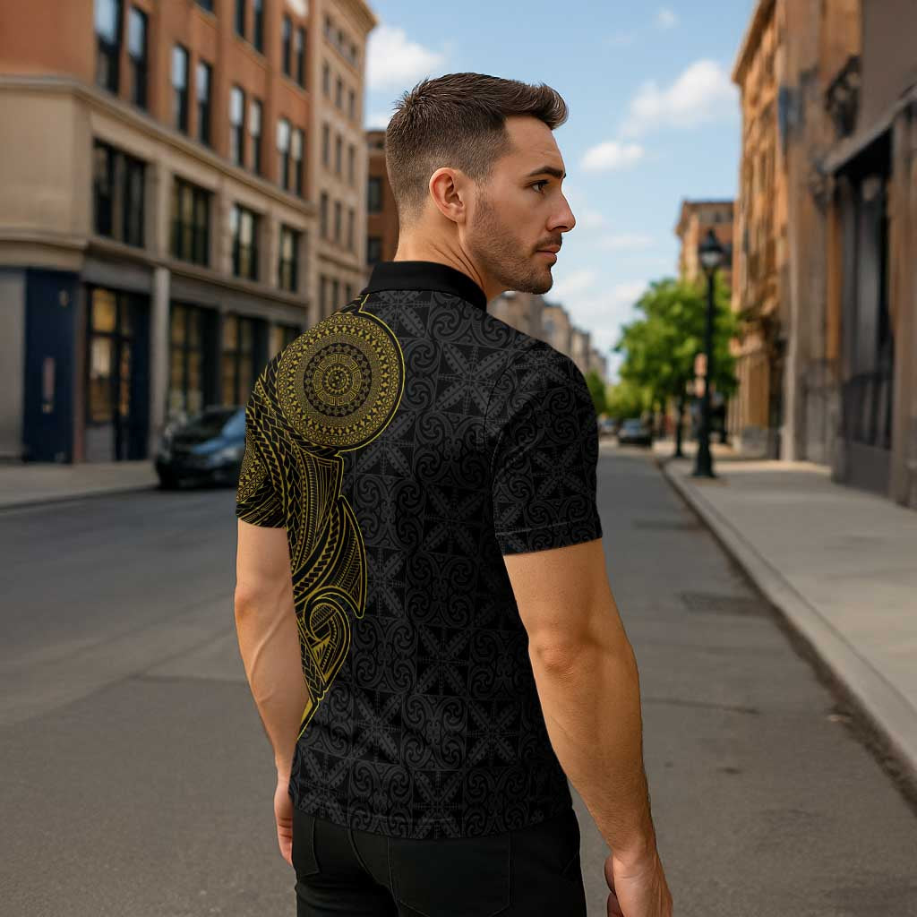 Niue Polynesian Hiapo Tattoo Art Zipper Polo Shirt Half Style Black Gold Color LT03 - Polynesian Pride