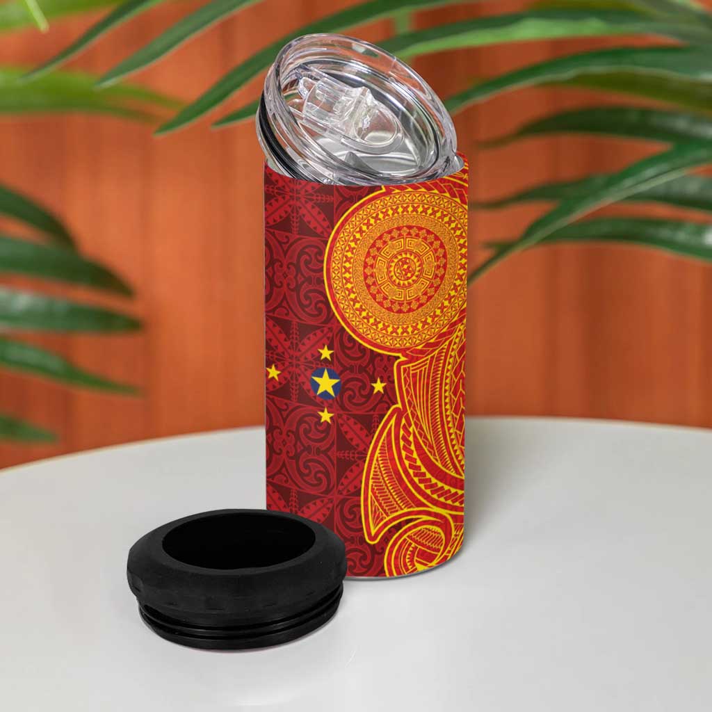 Niue Polynesian Hiapo Tattoo Art 4 in 1 Can Cooler Tumbler Half Style Red Yellow Color LT03 - Polynesian Pride