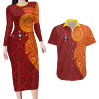 Niue Polynesian Hiapo Tattoo Art Couples Matching Long Sleeve Bodycon Dress and Hawaiian Shirt Half Style Red Yellow Color LT03 Red - Polynesian Pride