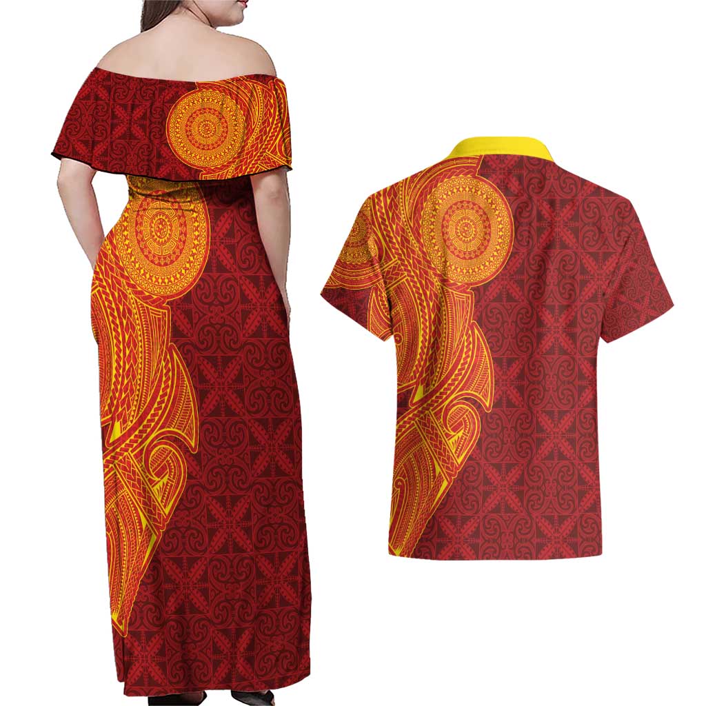 Niue Polynesian Hiapo Tattoo Art Couples Matching Off Shoulder Maxi Dress and Hawaiian Shirt Half Style Red Yellow Color LT03 - Polynesian Pride