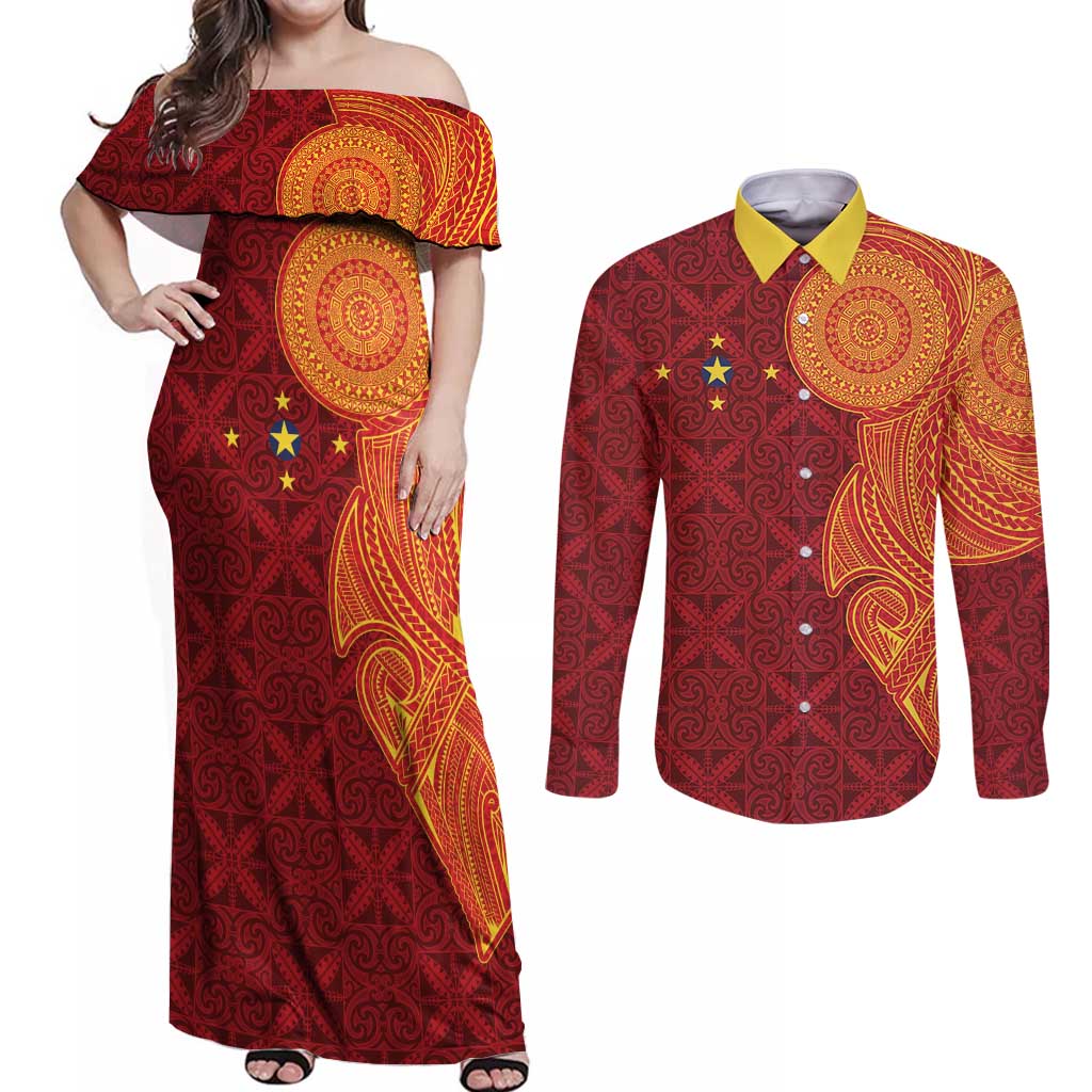 Niue Polynesian Hiapo Tattoo Art Couples Matching Off Shoulder Maxi Dress and Long Sleeve Button Shirt Half Style Red Yellow Color LT03 Red - Polynesian Pride