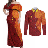 Niue Polynesian Hiapo Tattoo Art Couples Matching Off Shoulder Maxi Dress and Long Sleeve Button Shirt Half Style Red Yellow Color LT03 Red - Polynesian Pride