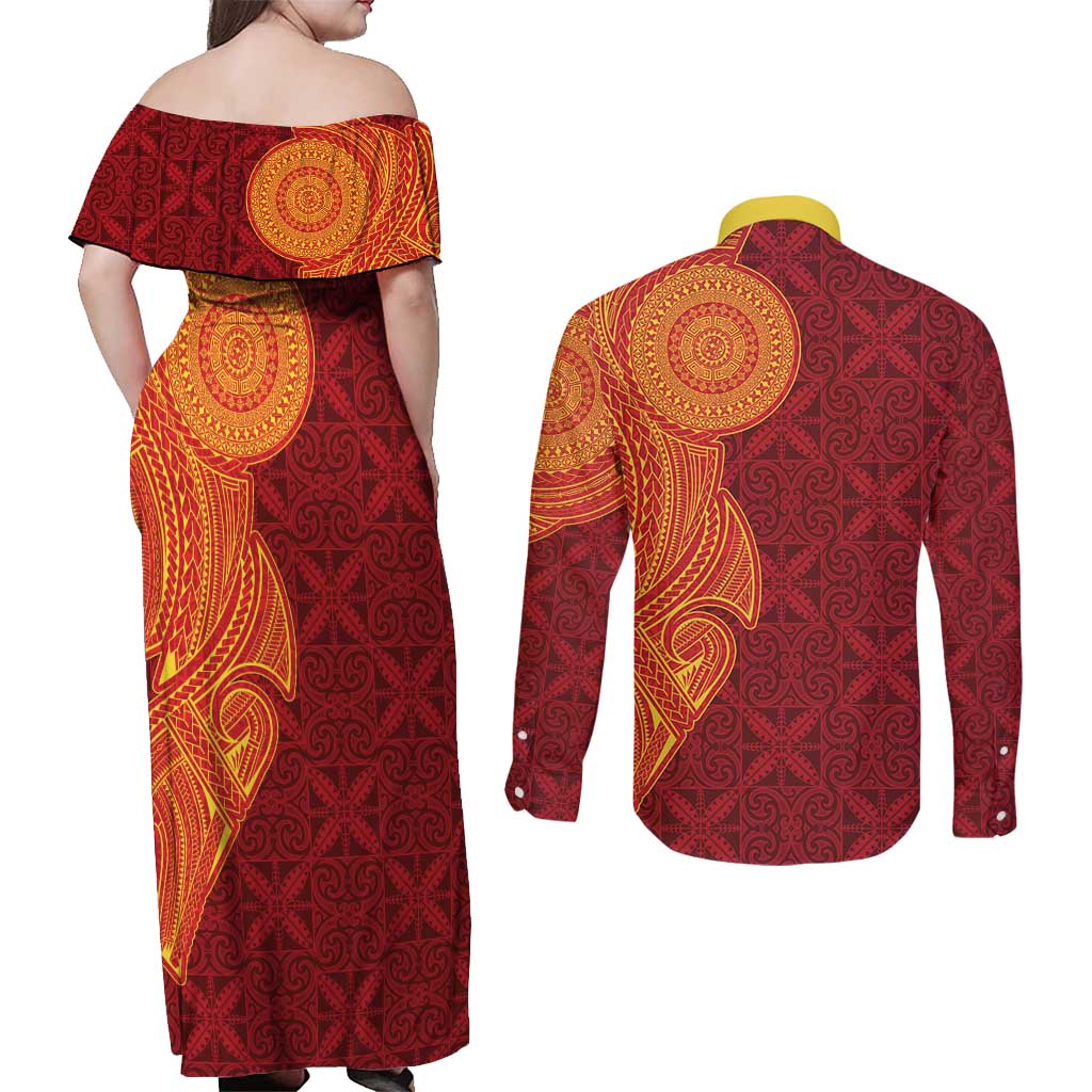 Niue Polynesian Hiapo Tattoo Art Couples Matching Off Shoulder Maxi Dress and Long Sleeve Button Shirt Half Style Red Yellow Color LT03 - Polynesian Pride