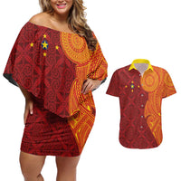 Niue Polynesian Hiapo Tattoo Art Couples Matching Off Shoulder Short Dress and Hawaiian Shirt Half Style Red Yellow Color LT03 Red - Polynesian Pride