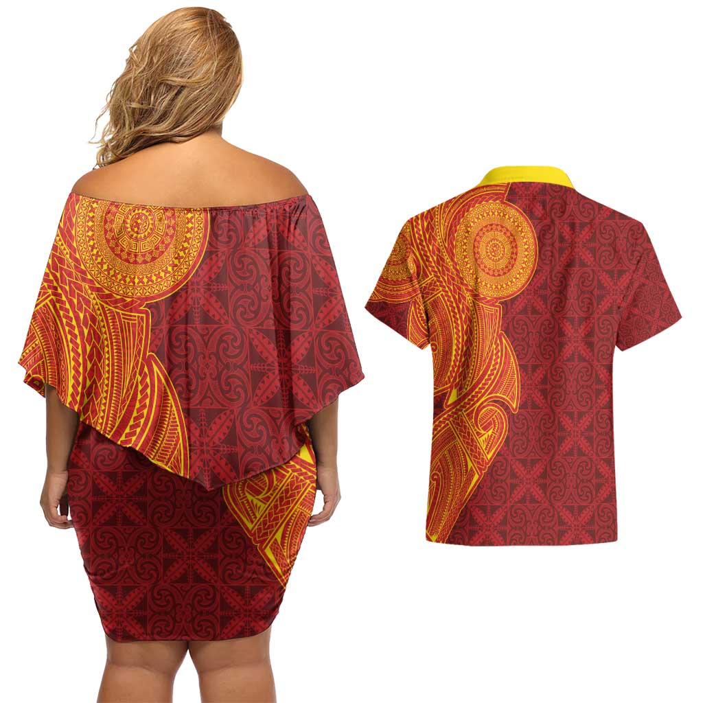 Niue Polynesian Hiapo Tattoo Art Couples Matching Off Shoulder Short Dress and Hawaiian Shirt Half Style Red Yellow Color LT03 - Polynesian Pride
