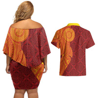 Niue Polynesian Hiapo Tattoo Art Couples Matching Off Shoulder Short Dress and Hawaiian Shirt Half Style Red Yellow Color LT03 - Polynesian Pride